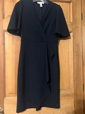 Donna Morgan Navy Wrap Midi Dress with Flutter Sleeves